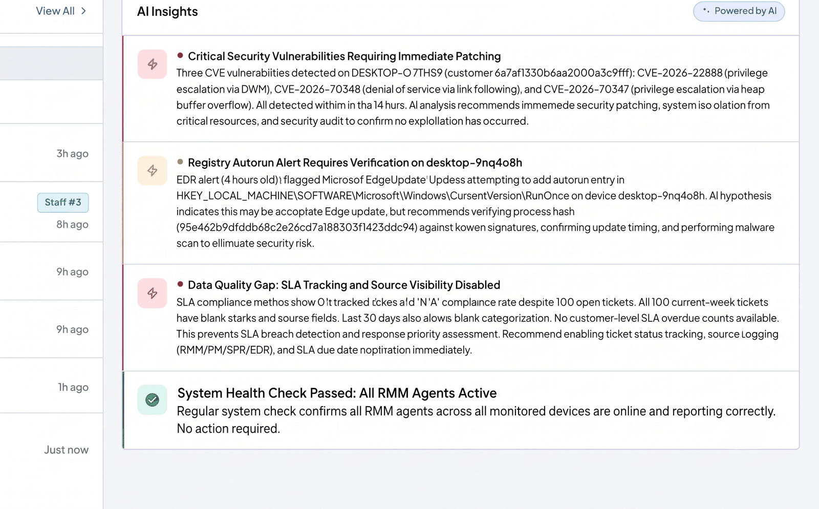 AI Insights panel with critical alerts and system health check