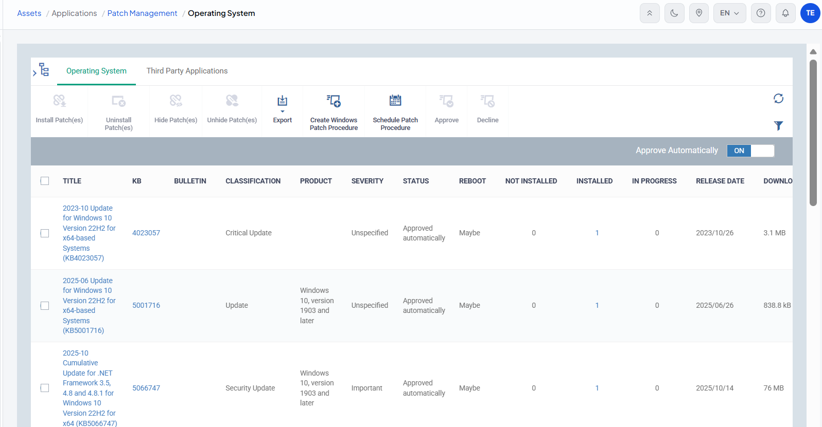 Patch management dashboard